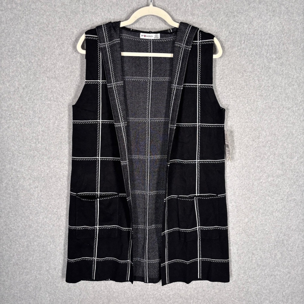 NEW 89th & Madison Hooded Cardigan Vest Medium Black Plaid Check Knit Pockets